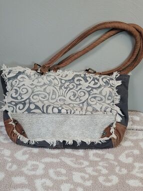 Boho Fringe, Canvas & Leather Myra Medium Bag - Gray and Brown